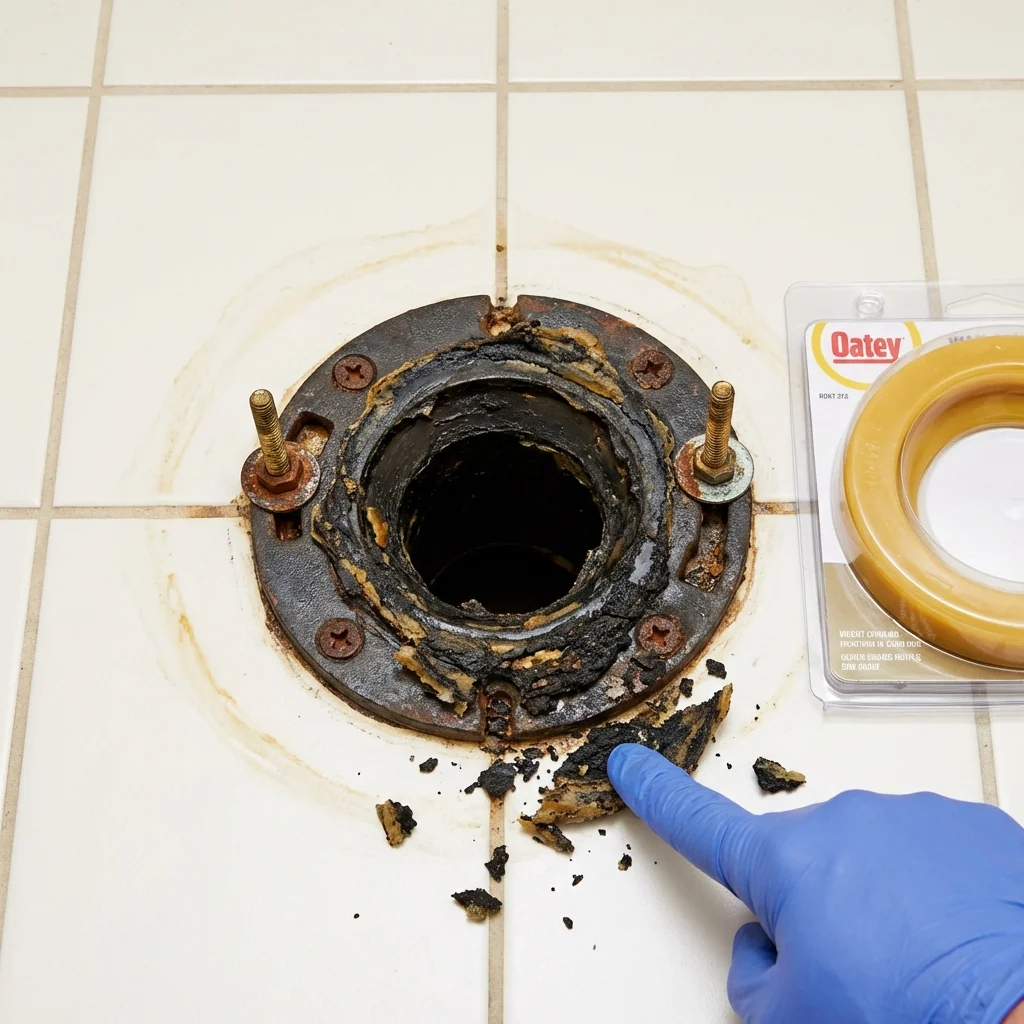 Failed wax ring showing water seepage at the base of a toilet in a Chillicothe, OH home